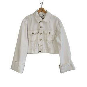NEW ZARA White Contrast Topstitching Denim Jacket Turn-up Sleeves XS Boho Beachy